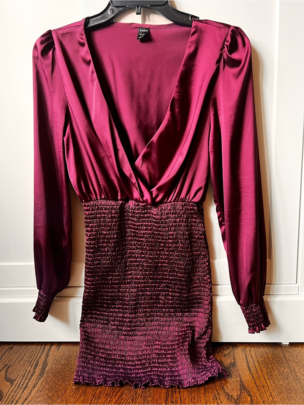 SHEIN Wine Red Long-Sleeve Smocked Waist Dress
